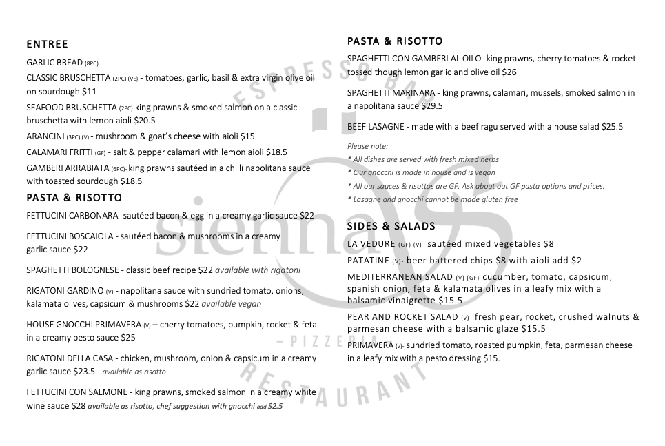 FRONT OF DELIVERY MENU 2021 Sienna's Restaurant
